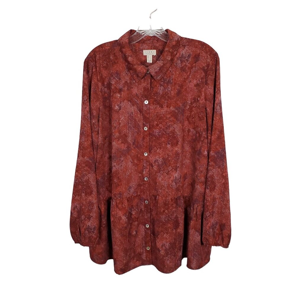 LOGO Lori Goldstein L Blouse Abstract Print Button Semi Sheer Tunic Peplum Tier - Picture 2 of 7